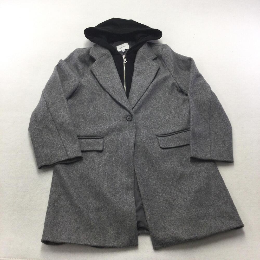 Love Tree Coat Womens Large Gray Hooded Overcoat Lined Pockets Single Button